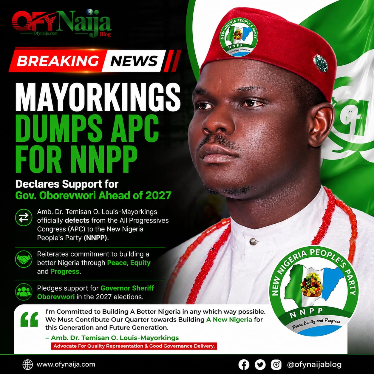 Breaking News: Mayorkings Dumps APC for NNPP, Declares Support for Gov. Oborevwori Ahead of 2027